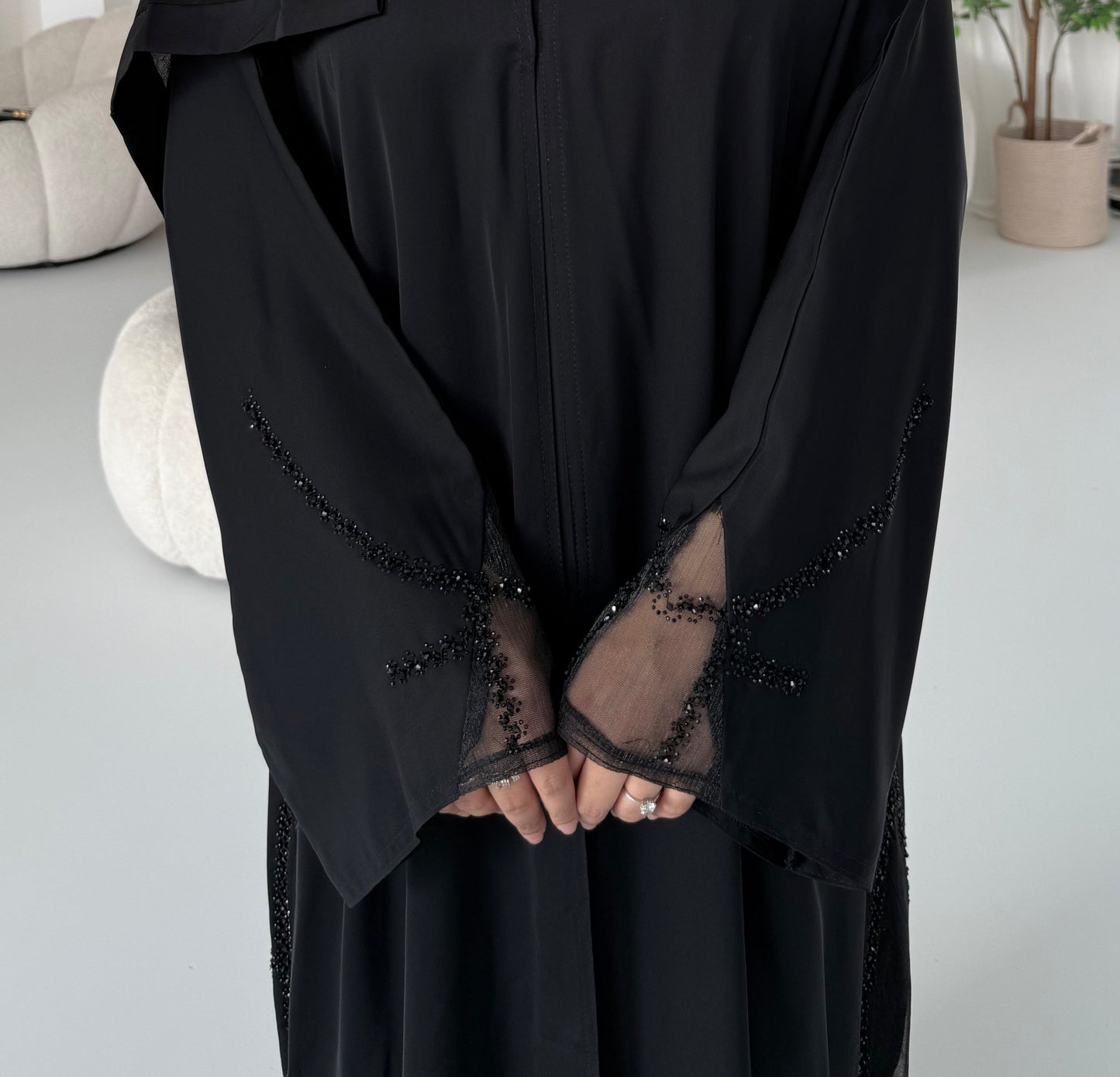 Arwa Chiffon Embellished Arm Abaya with Black Stone Work | Elegant Modest Wear with Matching Hijab
