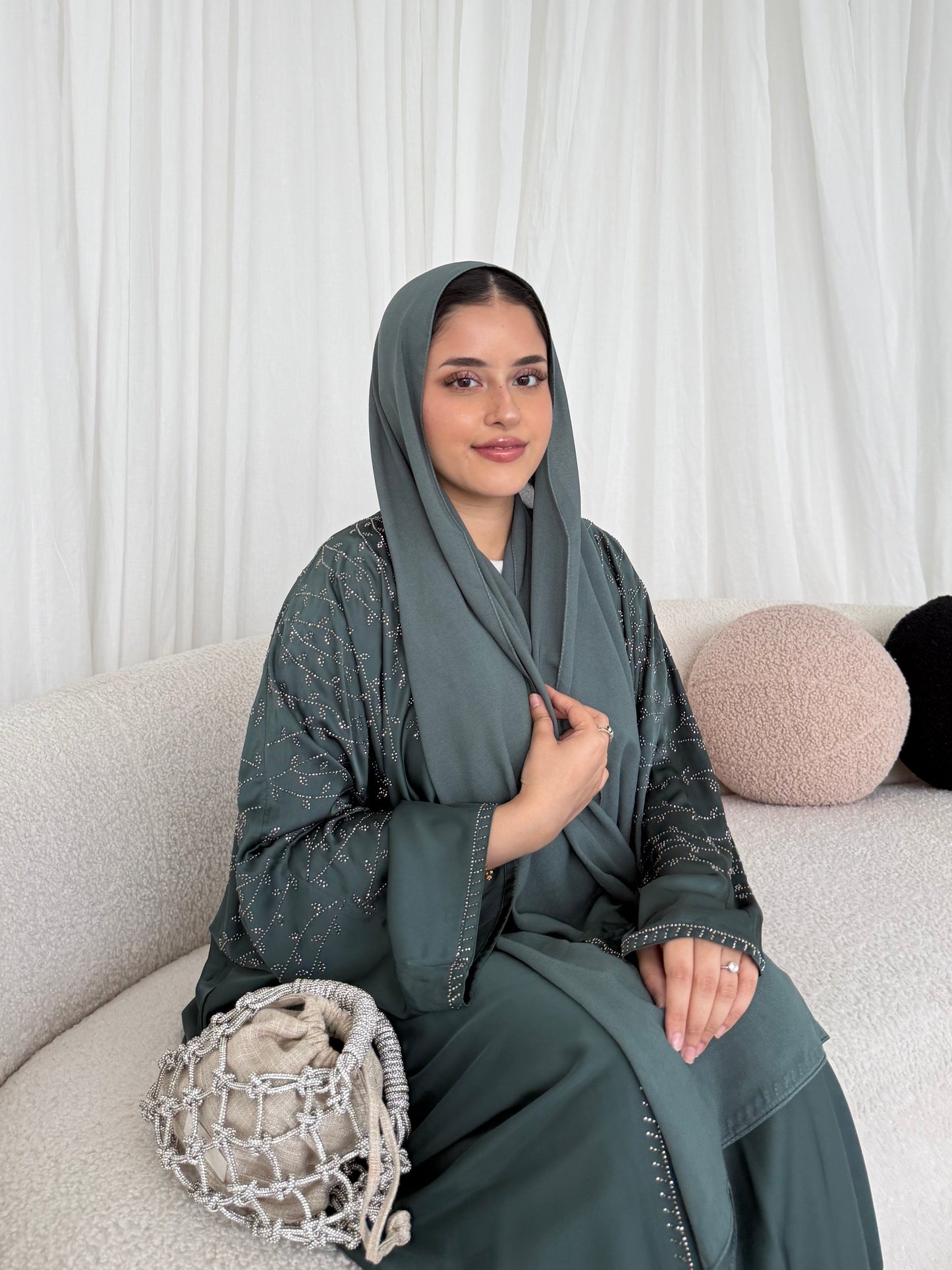 Dalia Teal Stone Embellished Abaya | Elegant Modest Wear with Matching Chiffon Hijab