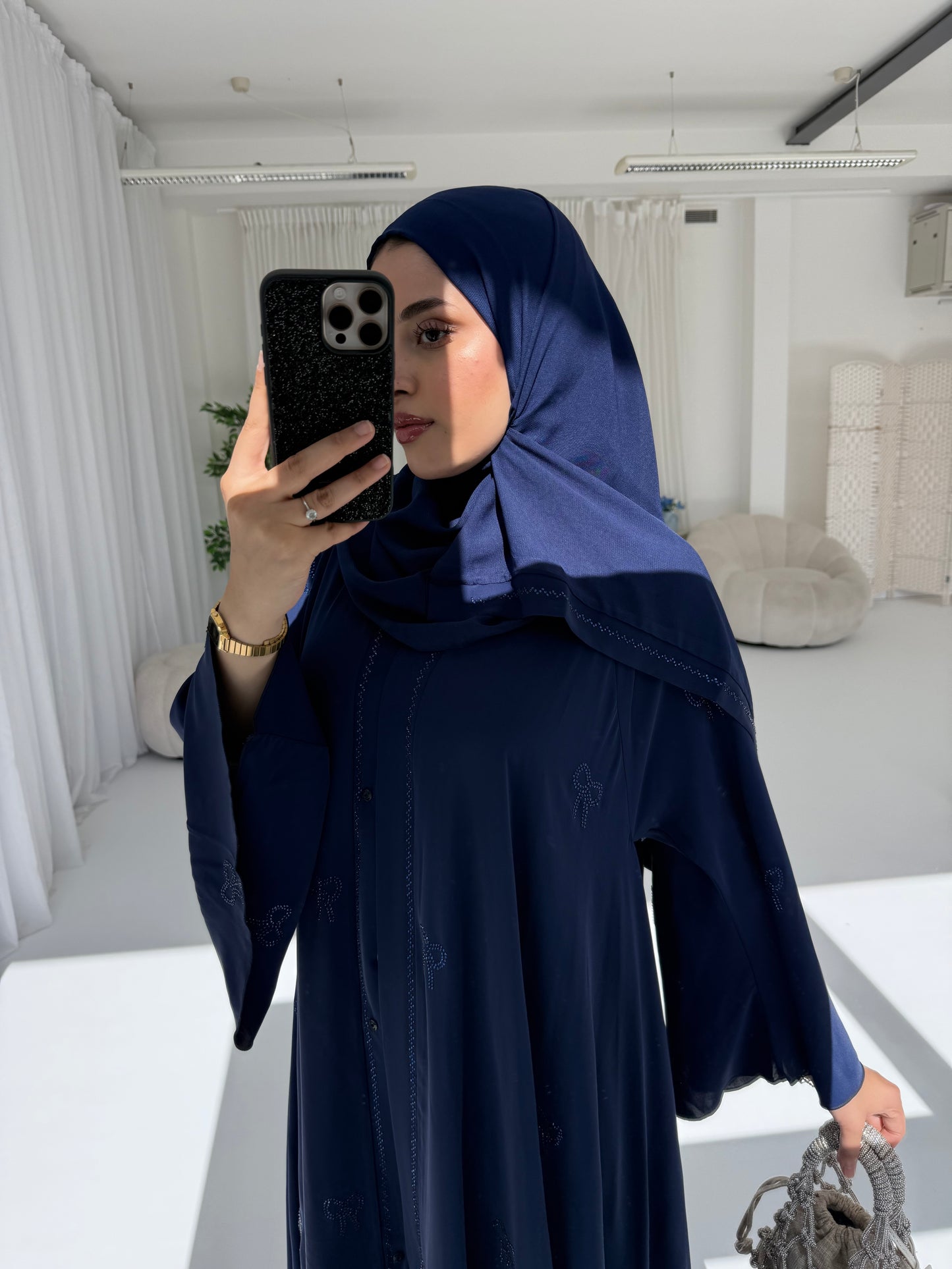Leen Navy Bow Stone Embellished Abaya | Elegant Statement Modest Wear with Matching Chiffon Hijab