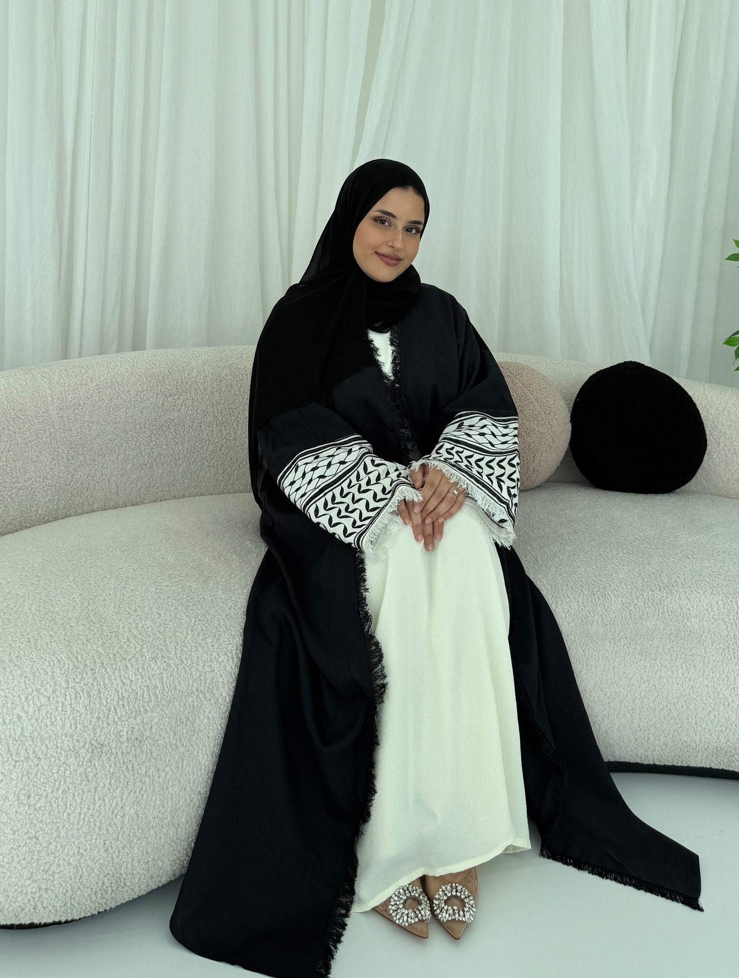 Black Keffiyeh Printed Linen Abaya | Elegant Everyday Modest Wear