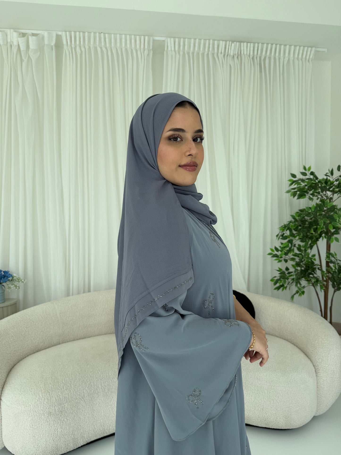 Leen Grey Bow Stone Embellished Abaya | Elegant Statement Modest Wear with Matching Chiffon Hijab