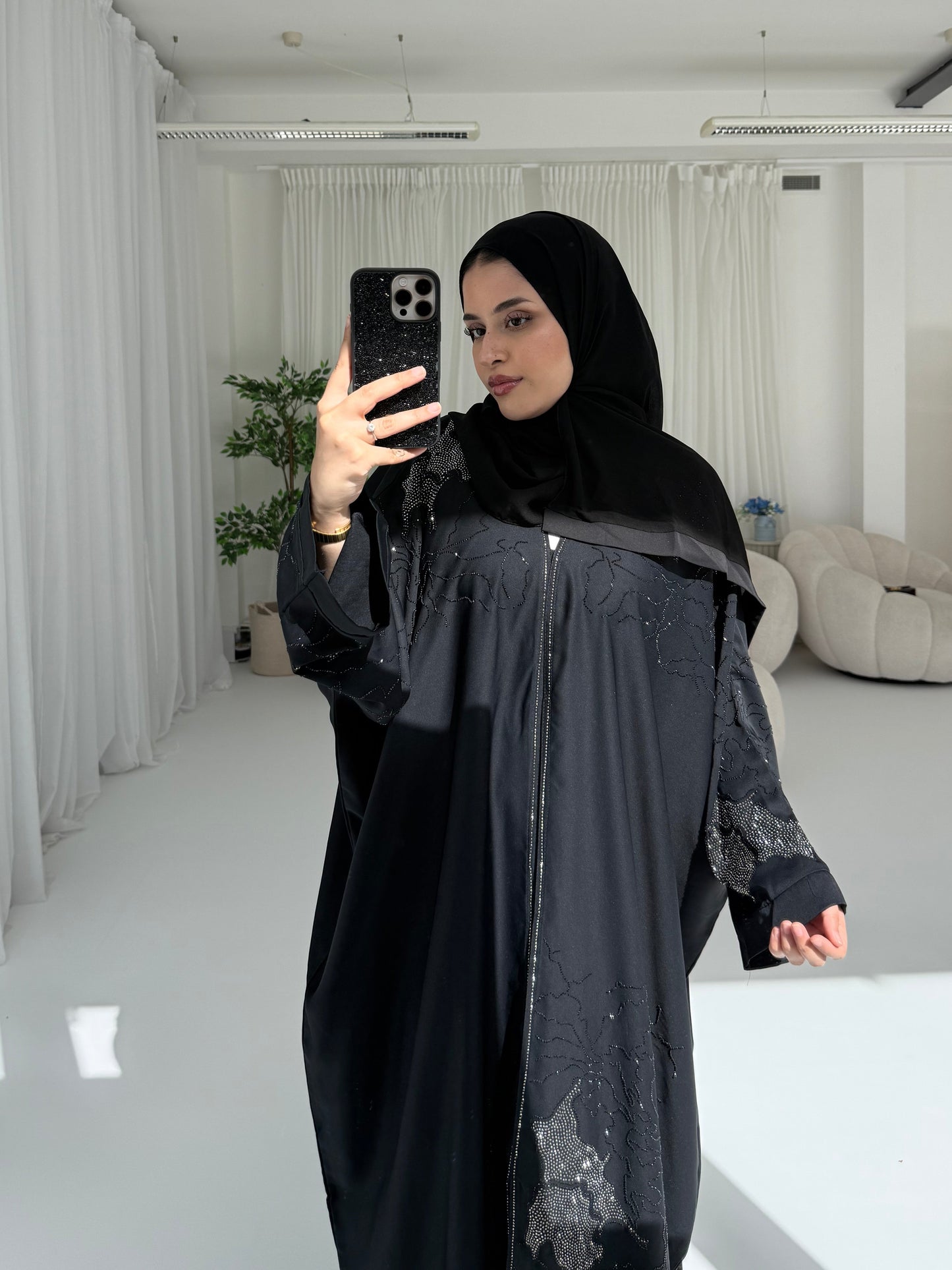 Muna Black Stone Embellished Abaya | Timeless Elegant Modest Wear with Matching Chiffon Hijab