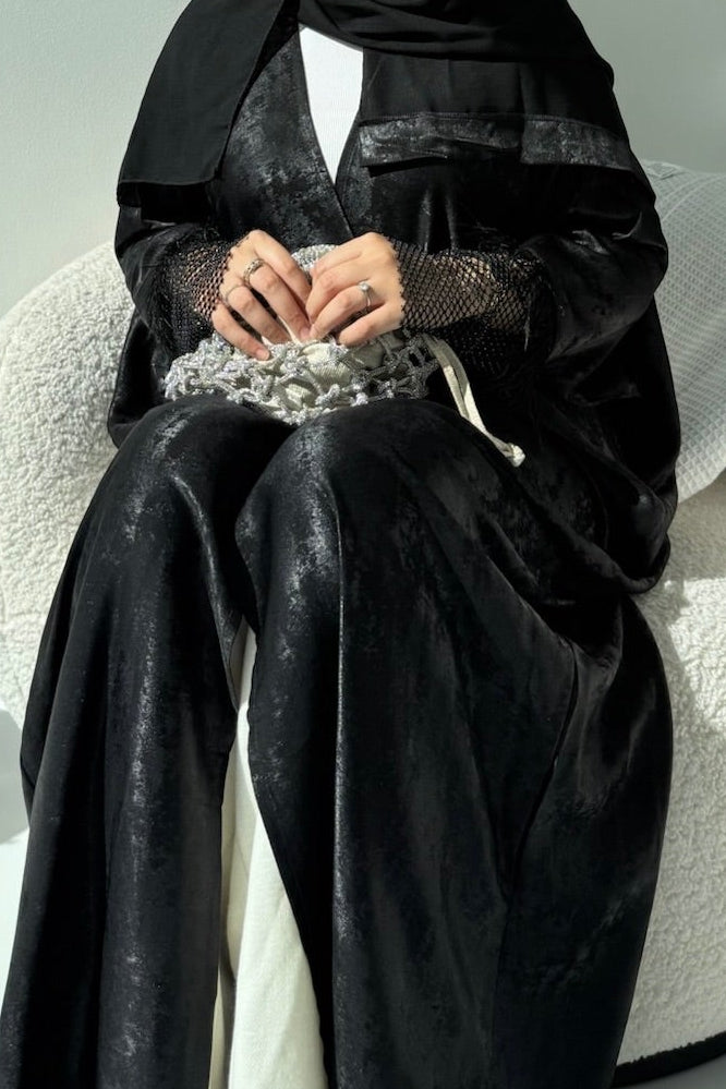 Safaa Satin Feathery Abaya | Metallic Satin Net Elegant Modest Wear with Matching Chiffon Hijab