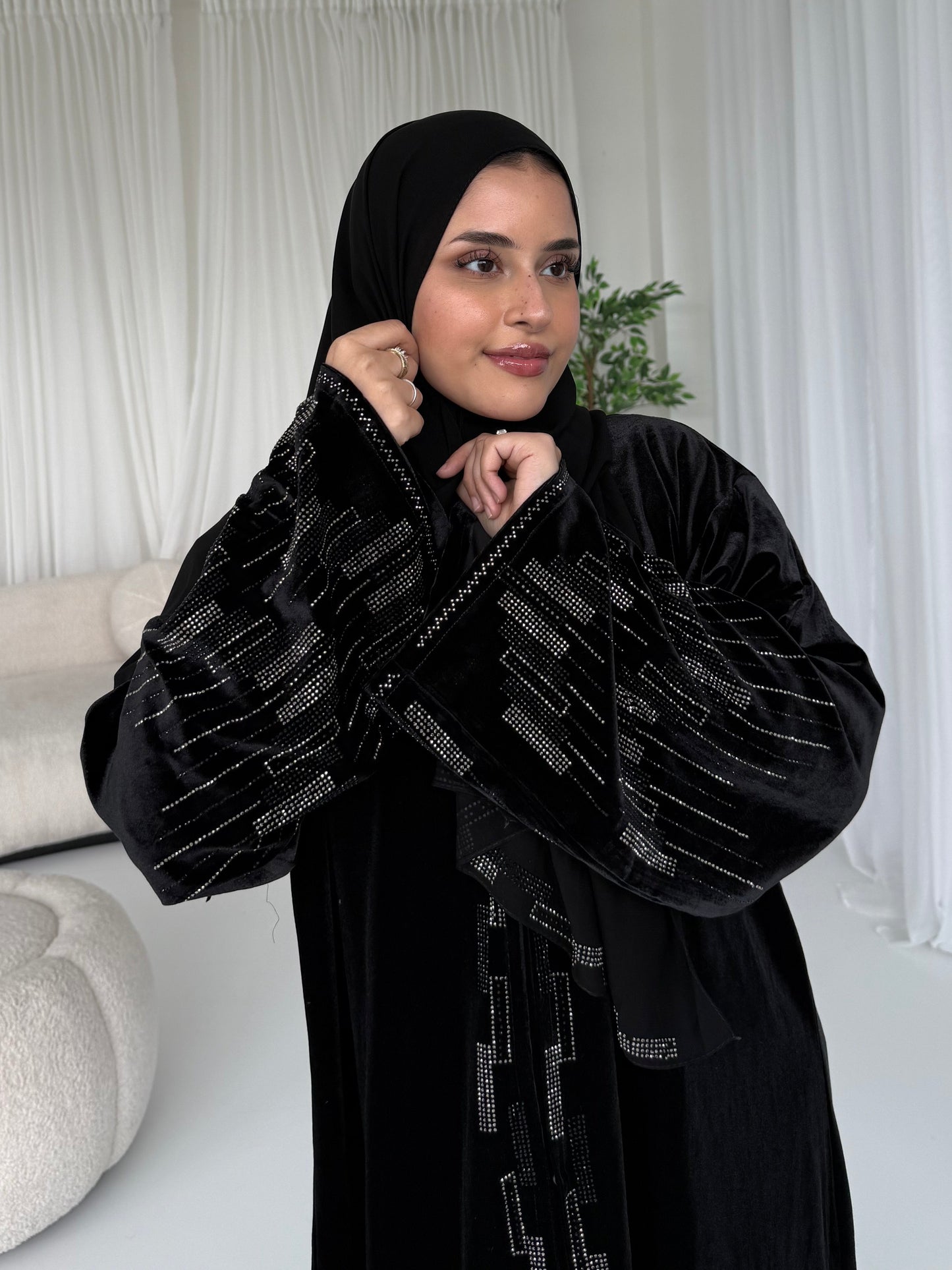 Lamis Velvet Stone Embellished Abaya | Luxurious Elegant Modest Wear with Matching Chiffon Hijab