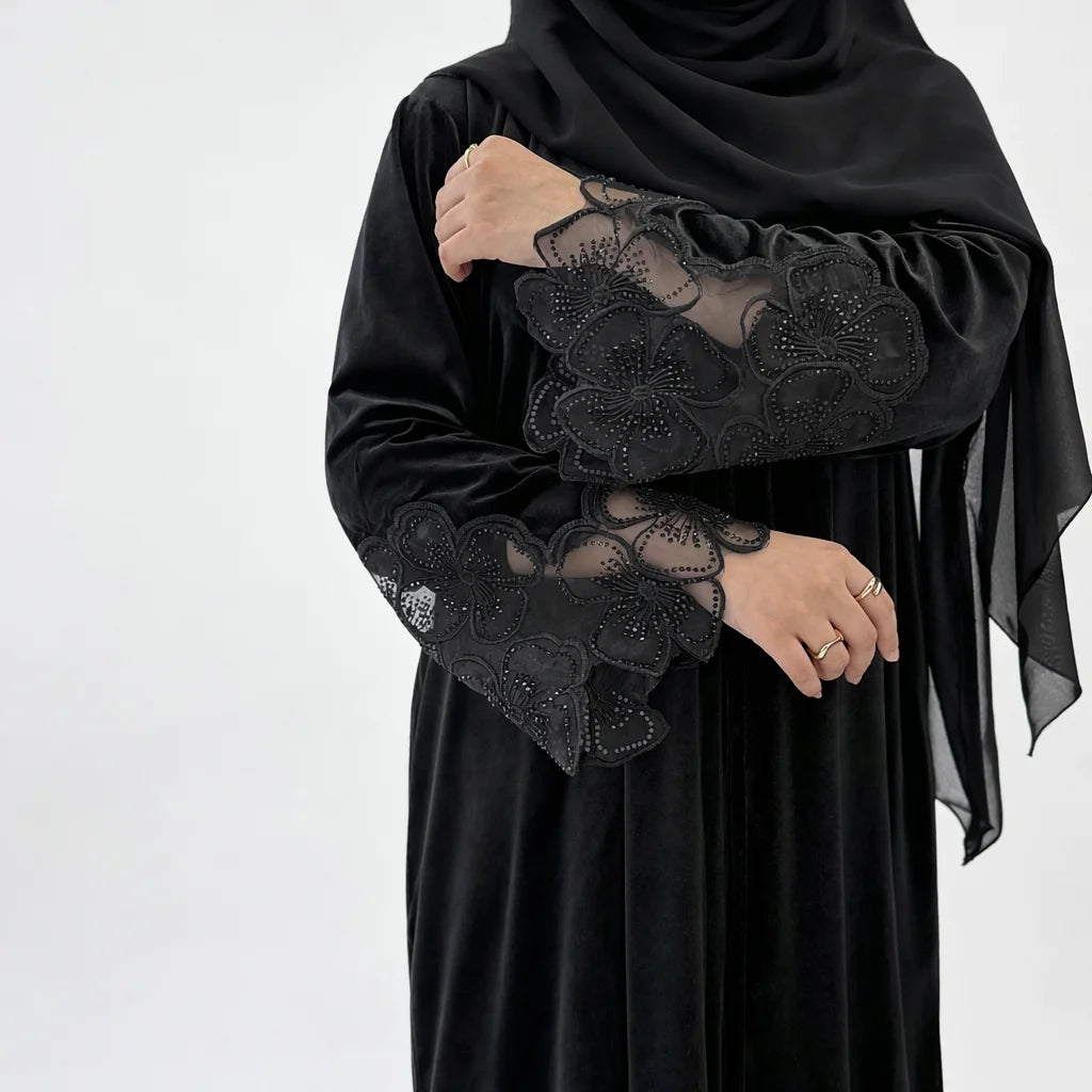 Layali Luxury Black Velvet Flower Sequin Abaya | Elegant Evening Modest Wear with Matching Chiffon Hijab