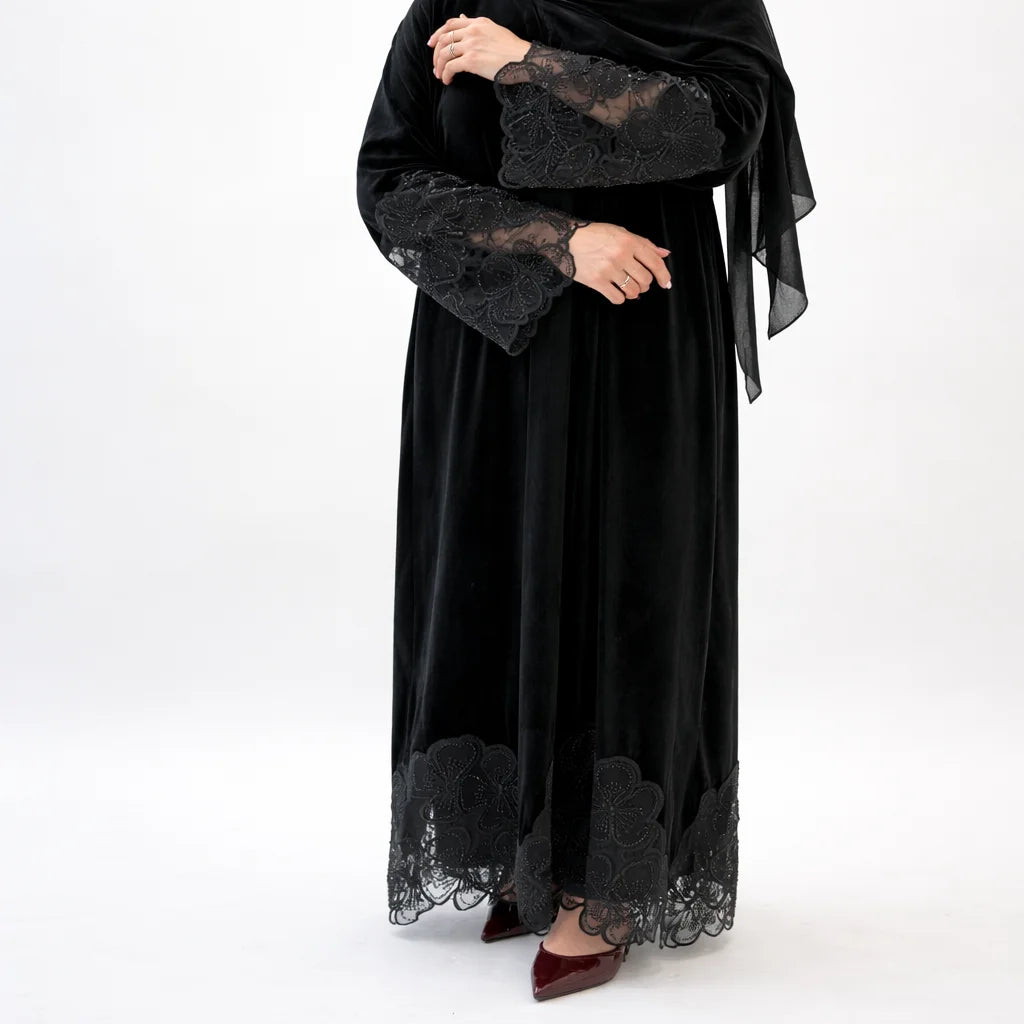 Layali Luxury Black Velvet Flower Sequin Abaya | Elegant Evening Modest Wear with Matching Chiffon Hijab