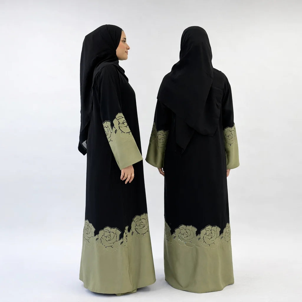 Elara Green Flower Embellished Abaya | Elegant Black & Green Modest Wear with Matching Chiffon Hijab