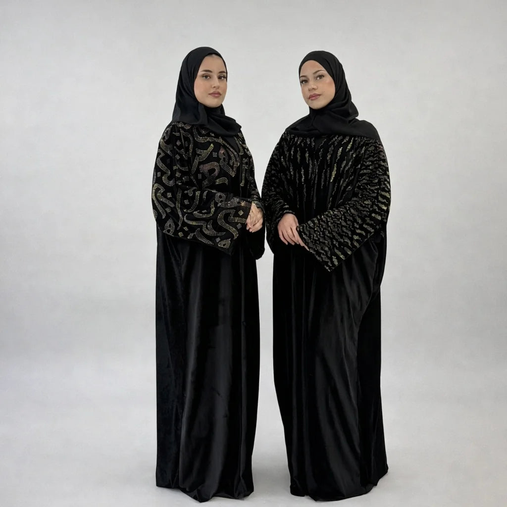 Amira Arabic Embellished Velvet Abaya | Luxury Black Modest Wear with Matching Chiffon Hijab