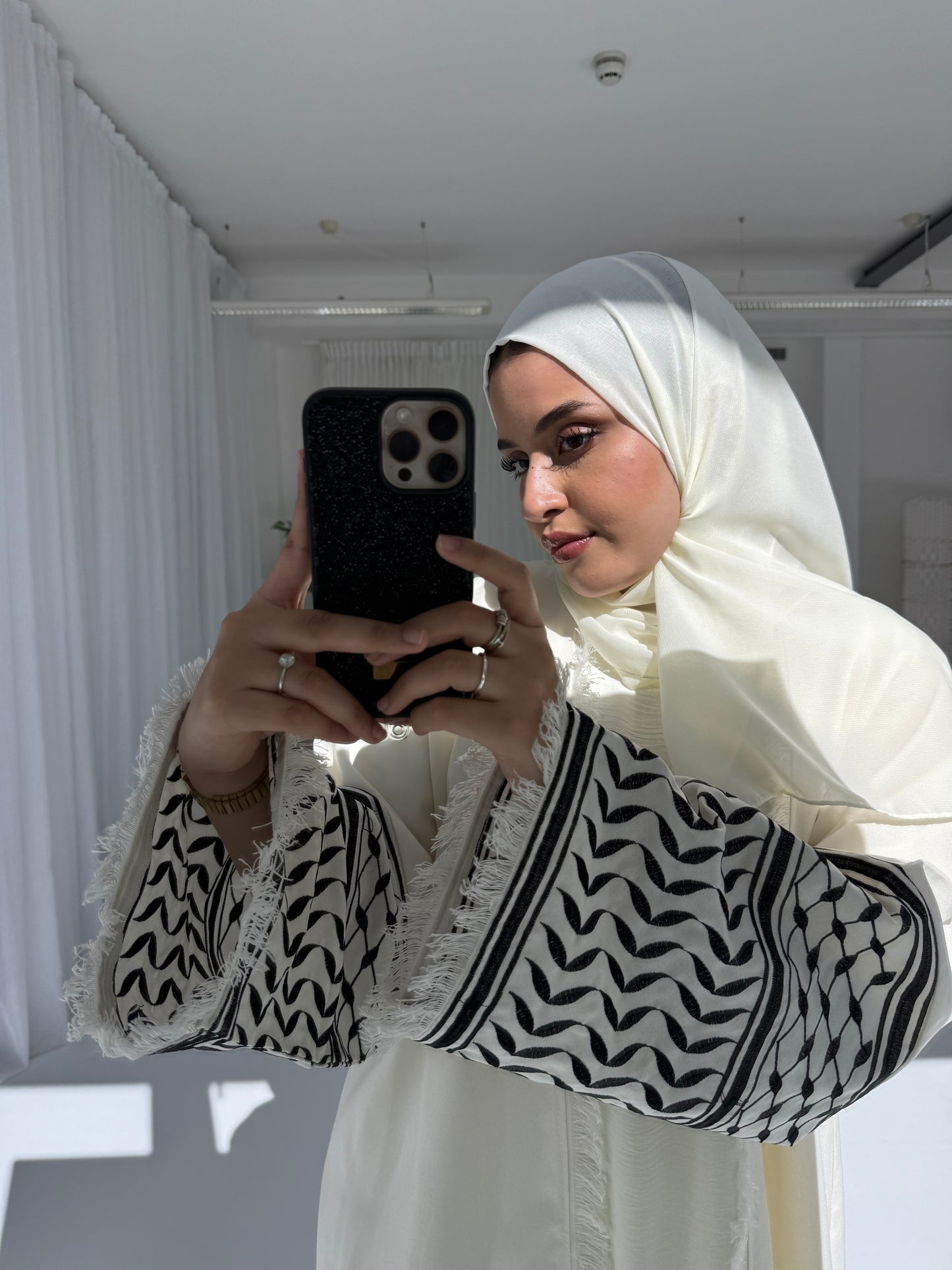 White Keffiyeh Printed Linen Abaya | Elegant Everyday Modest Wear