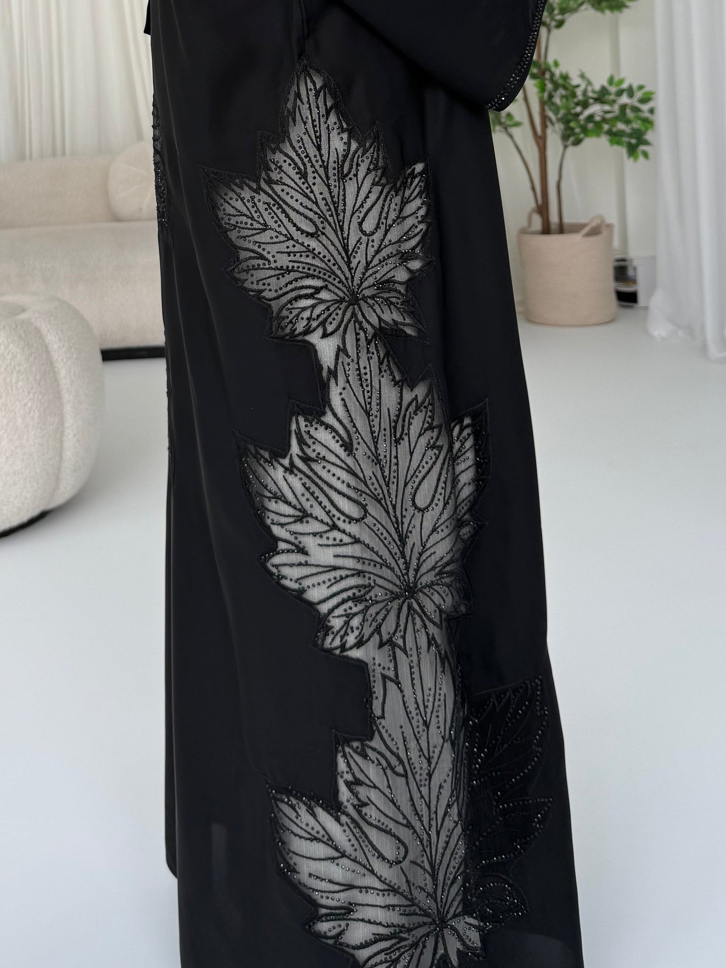 Yumna Black Organza Embellished Abaya | Elegant Statement Modest Wear with Matching Chiffon Hijab