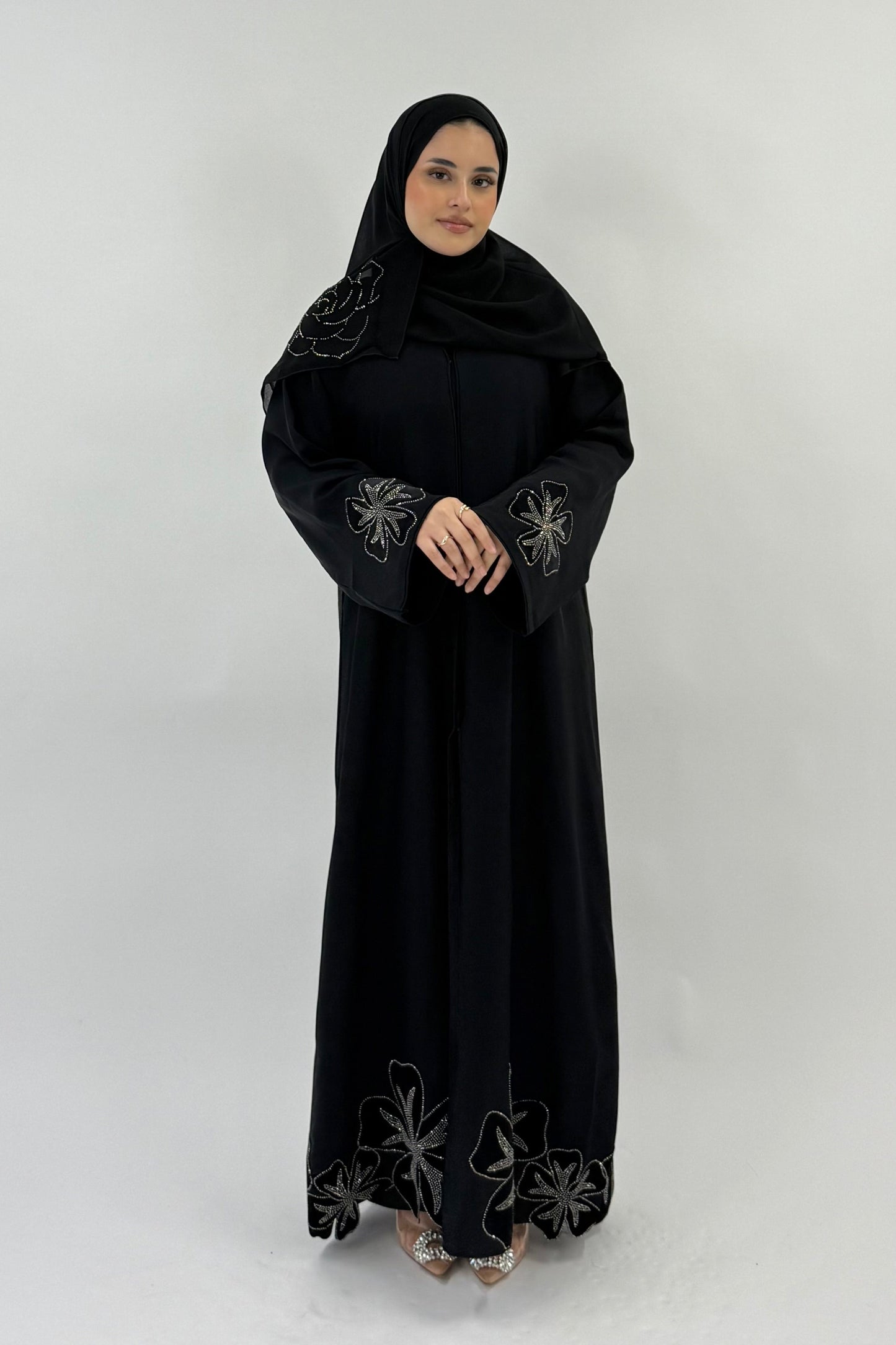 Yasmin - Black Abaya With Small Velvet Flower Sleeves
