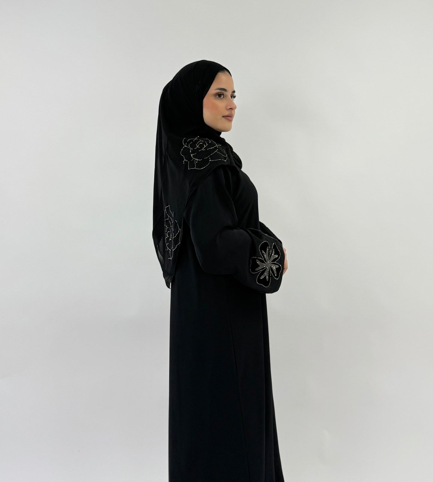 Yasmin - Black Abaya With Small Velvet Flower Sleeves