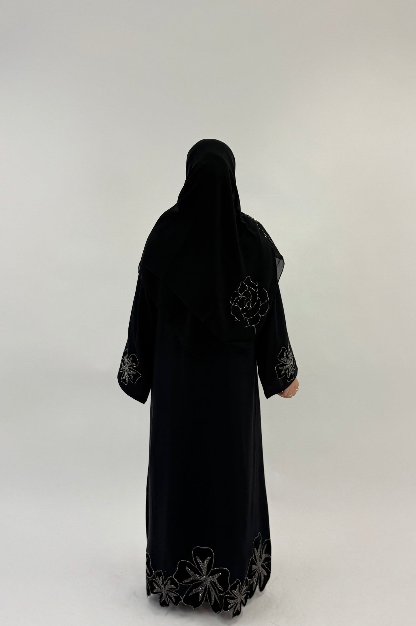 Yasmin - Black Abaya With Small Velvet Flower Sleeves