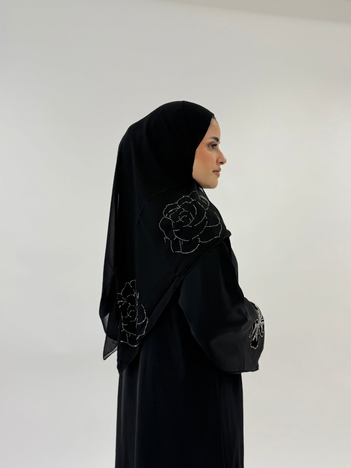 Yasmin - Black Abaya With Small Velvet Flower Sleeves