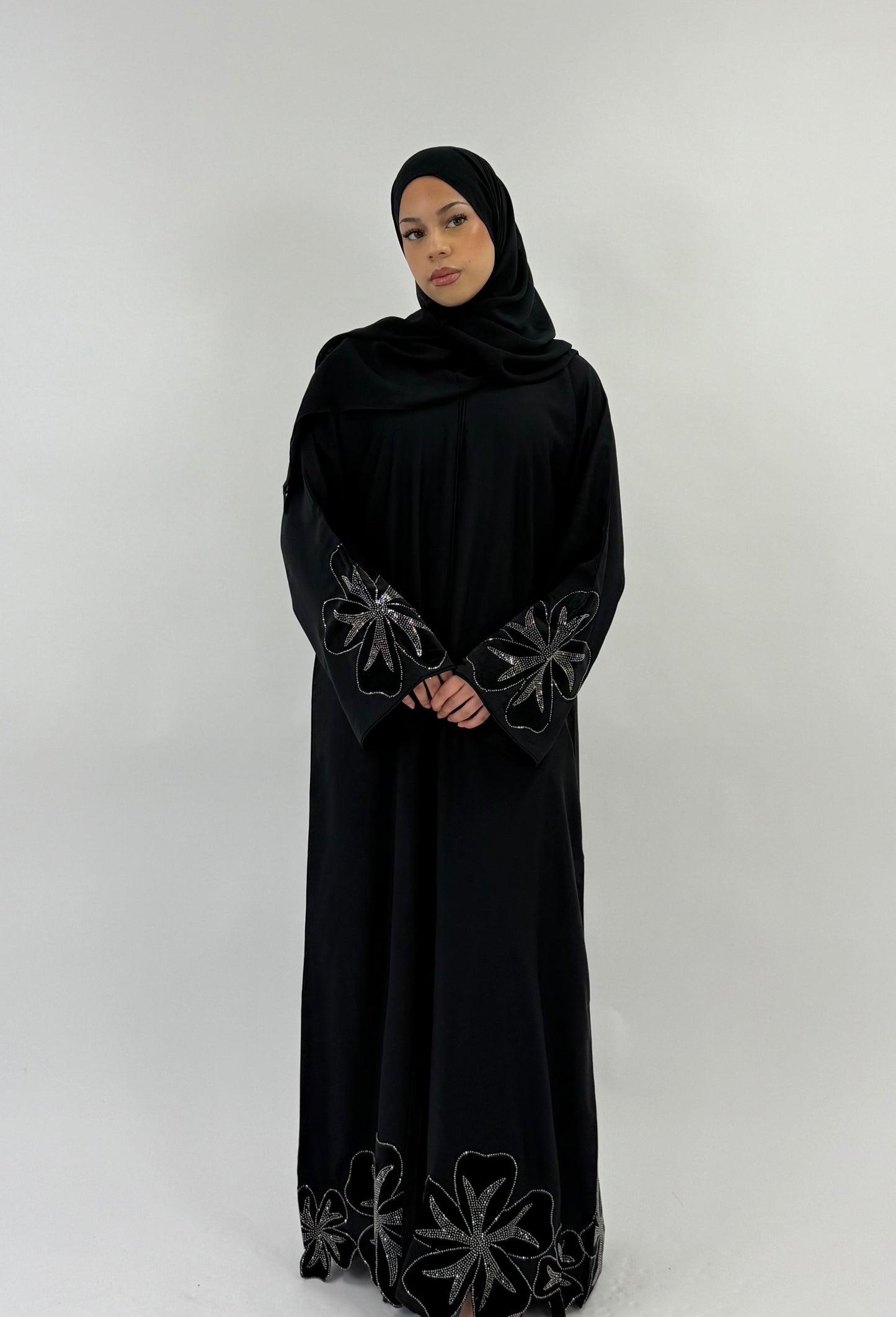 Jasmin - Black Abaya With Large Velvet Flower Sleeve