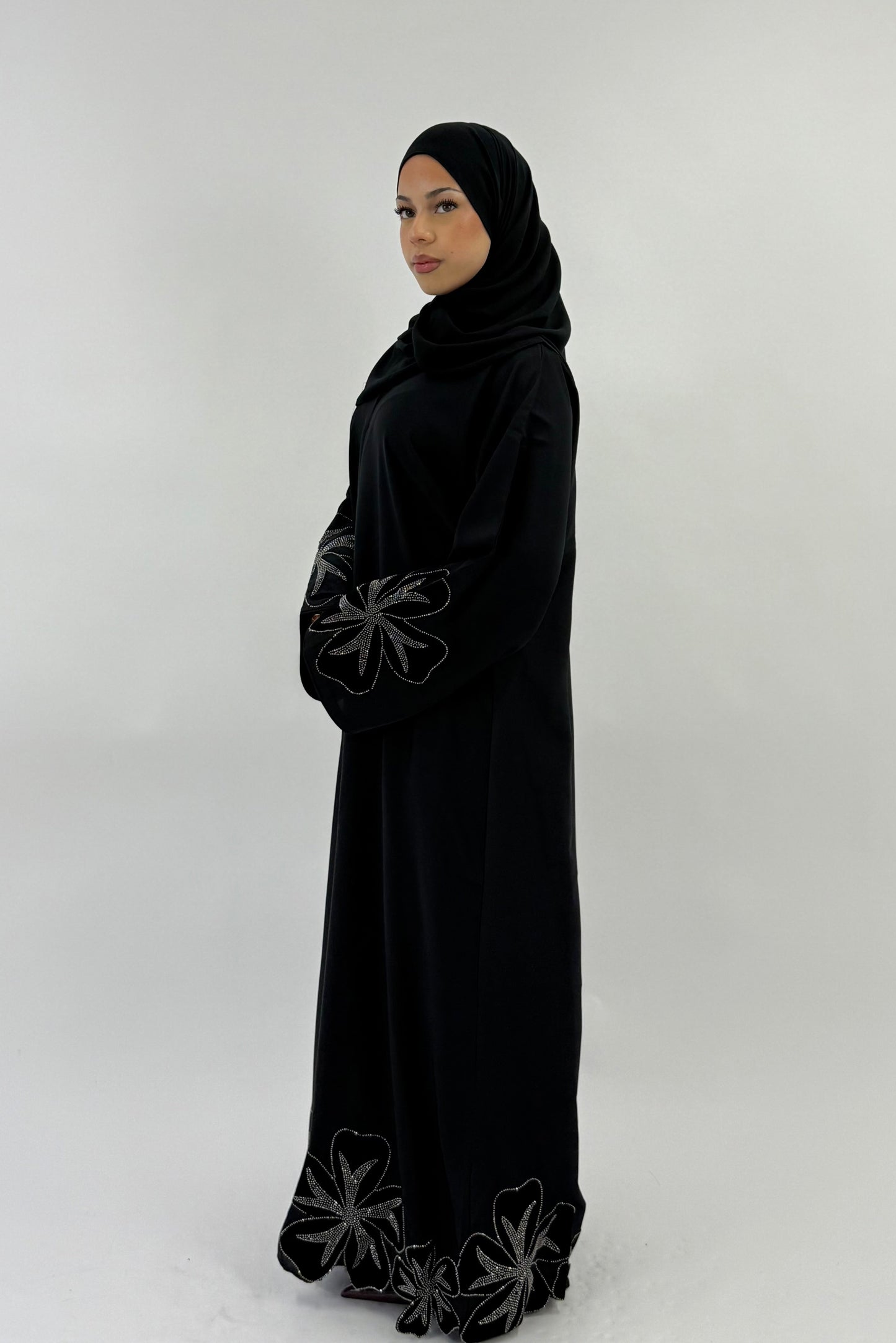 Jasmin - Black Abaya With Large Velvet Flower Sleeve