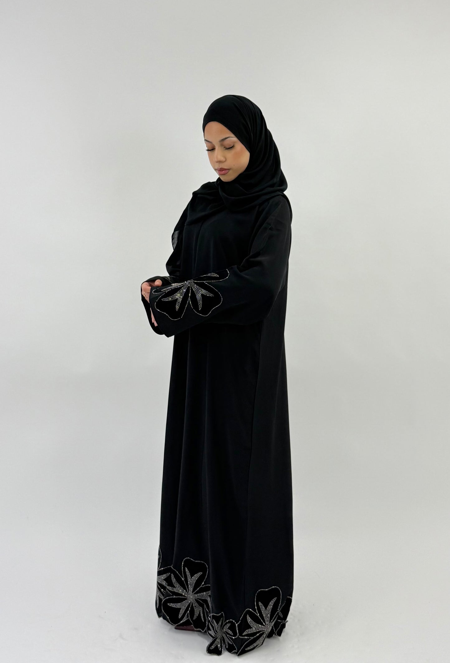 Jasmin - Black Abaya With Large Velvet Flower Sleeve