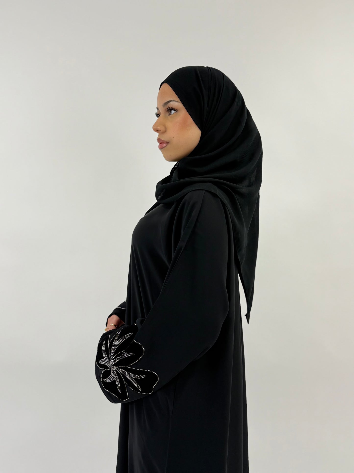 Jasmin - Black Abaya With Large Velvet Flower Sleeve