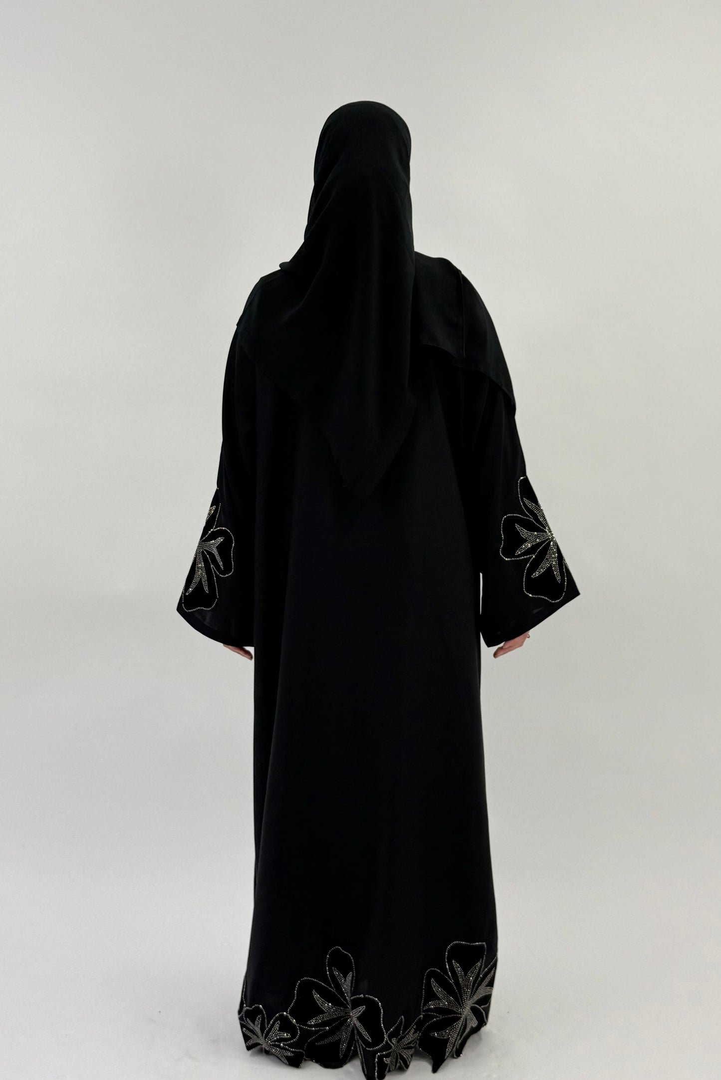 Jasmin - Black Abaya With Large Velvet Flower Sleeve