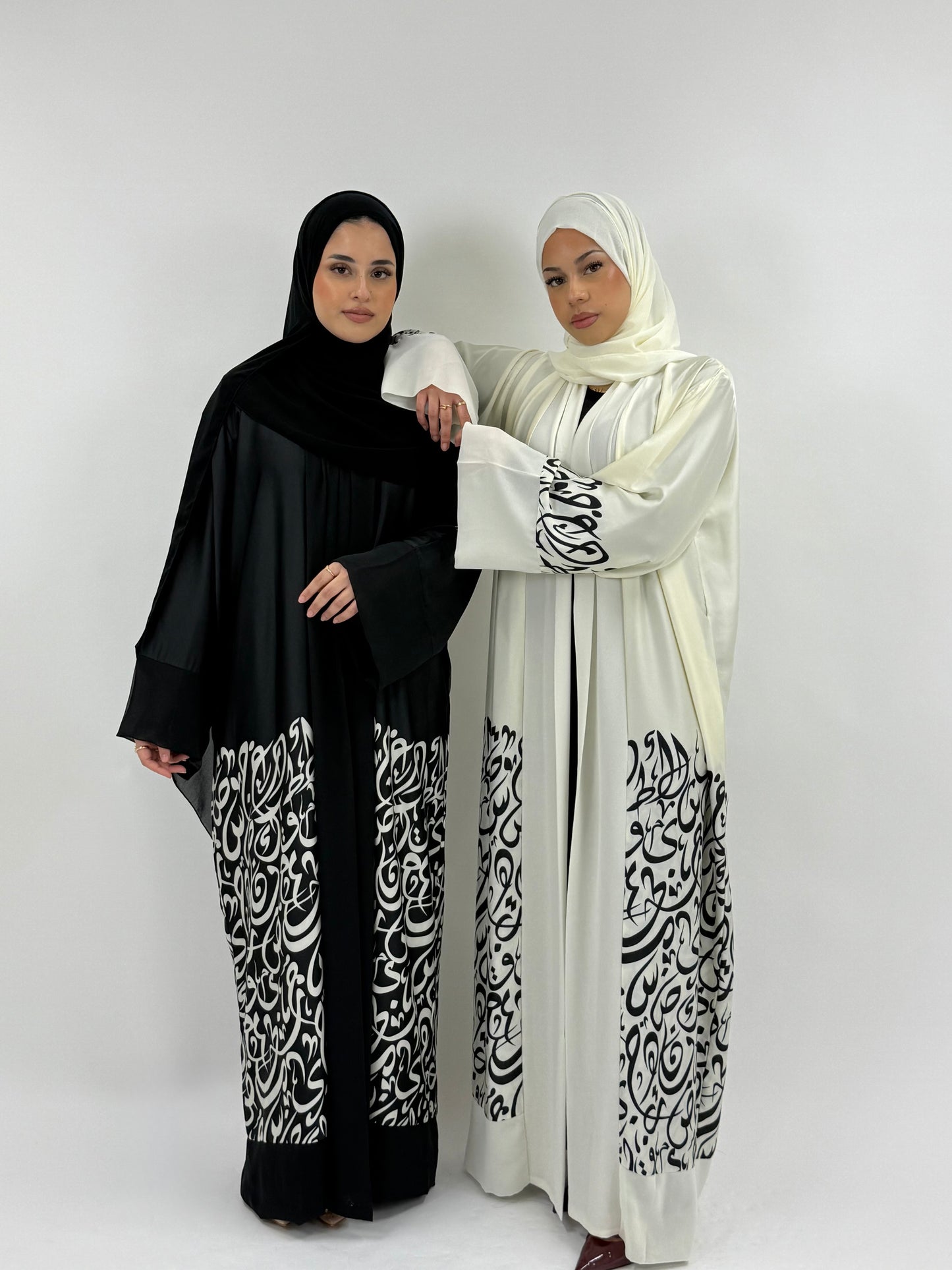 Munirah - Arabic Imprinted Silk Abaya - Cream & Black