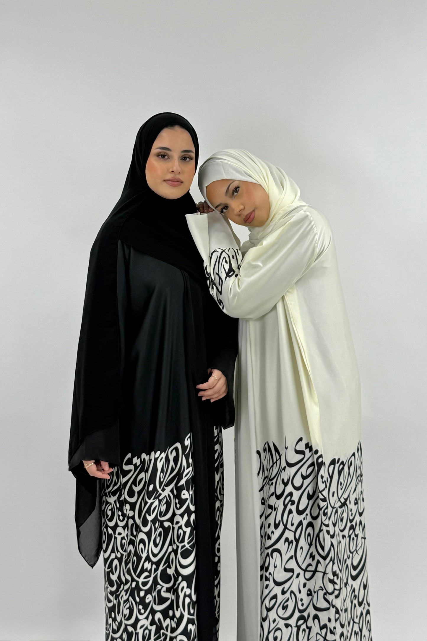 Munirah - Arabic Imprinted Silk Abaya - Cream & Black