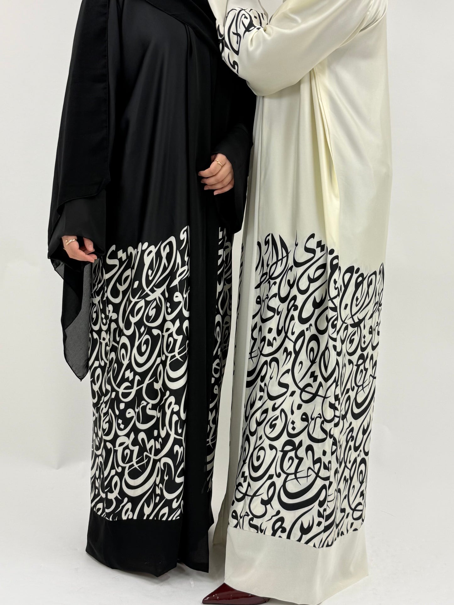 Munirah - Arabic Imprinted Silk Abaya - Cream & Black
