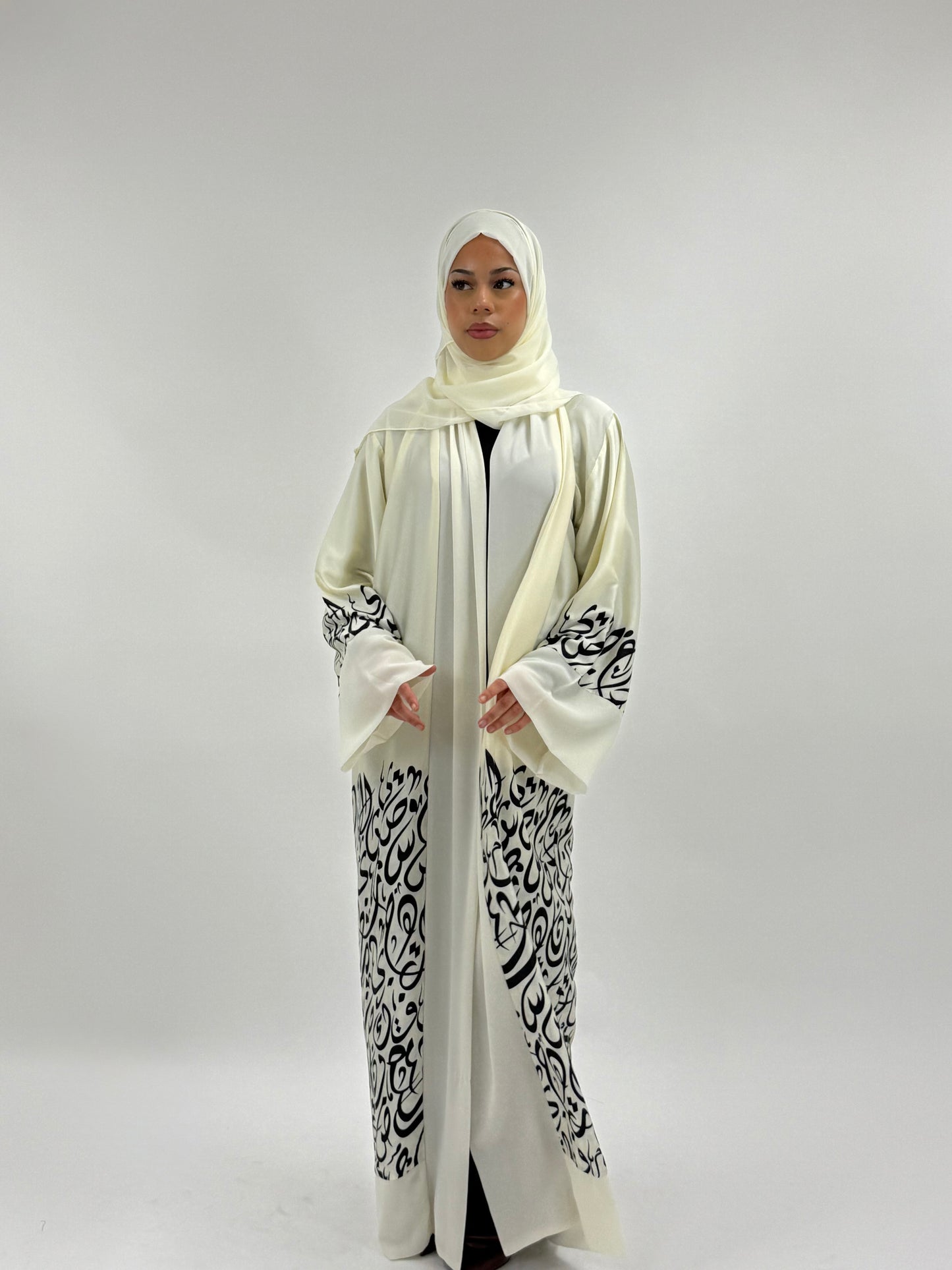 Munirah - Arabic Imprinted Silk Abaya - Cream & Black