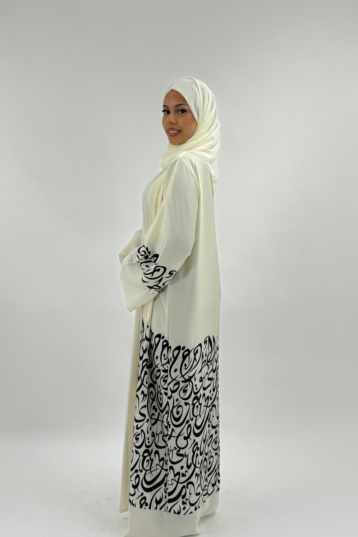Munirah - Arabic Imprinted Silk Abaya - Cream & Black