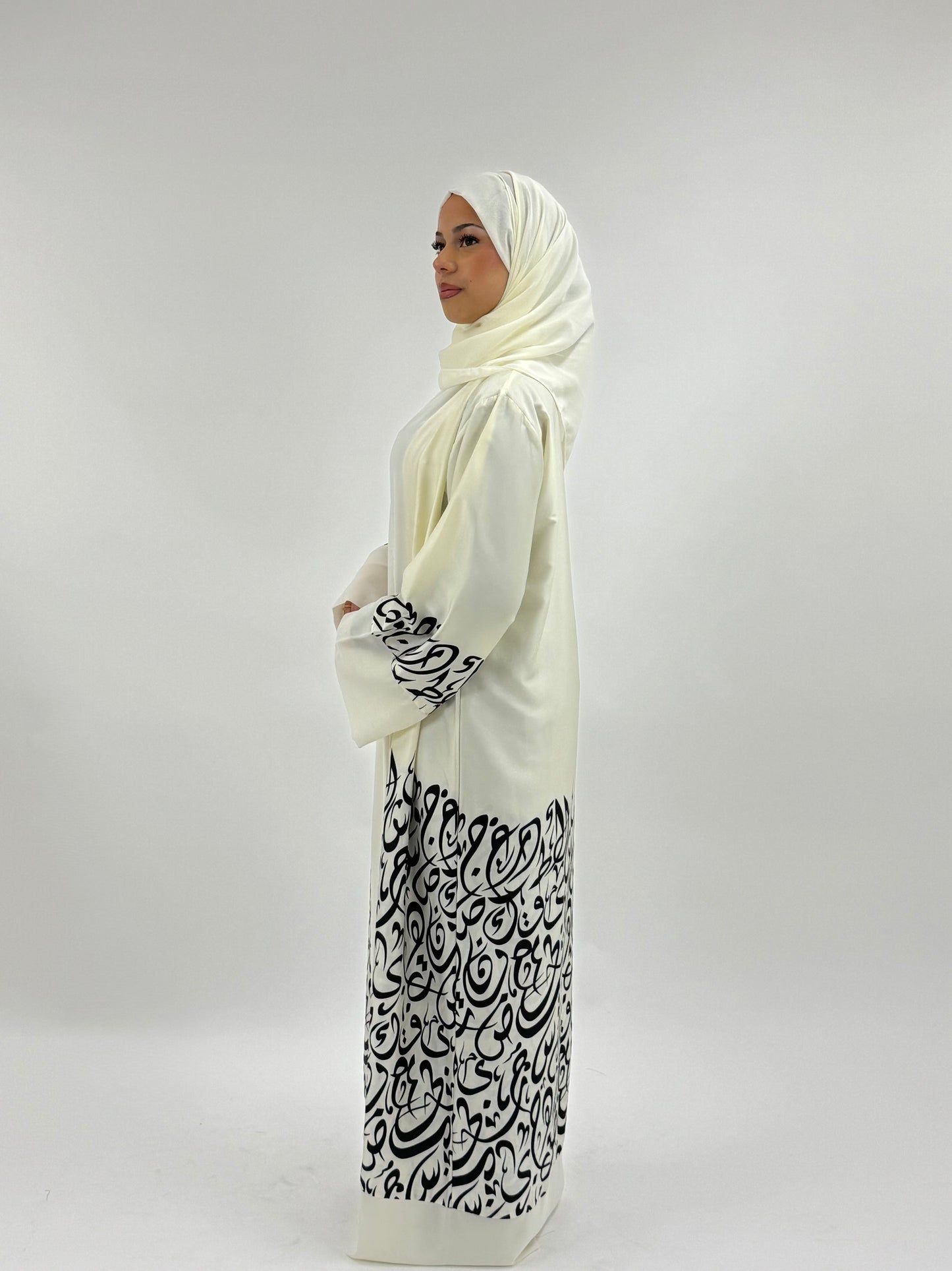 Munirah - Arabic Imprinted Silk Abaya - Cream & Black