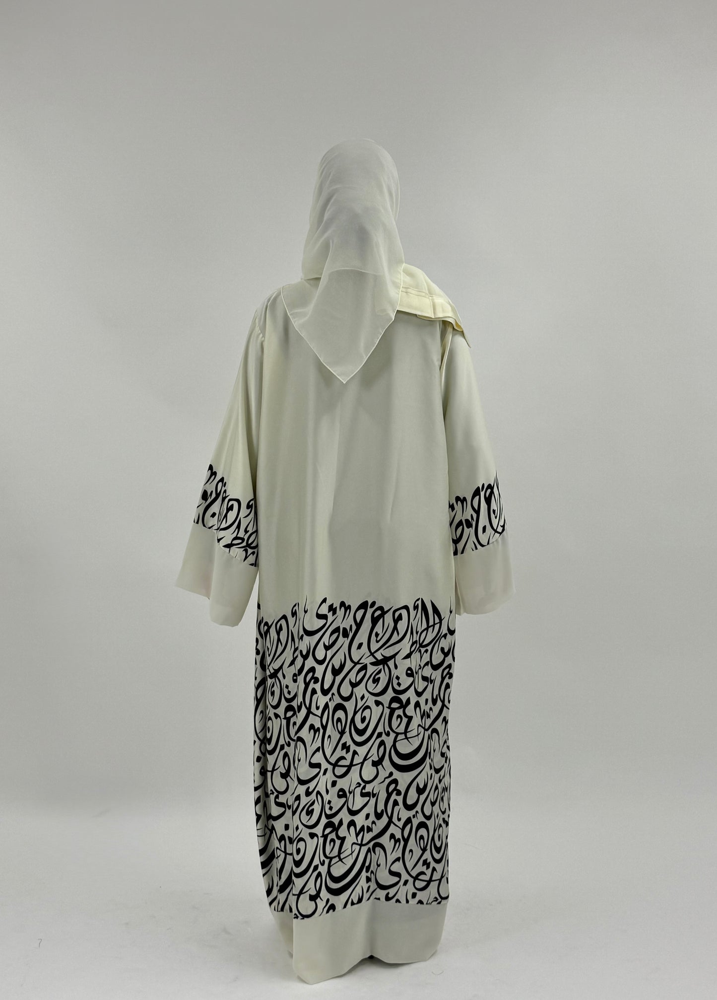 Munirah - Arabic Imprinted Silk Abaya - Cream & Black