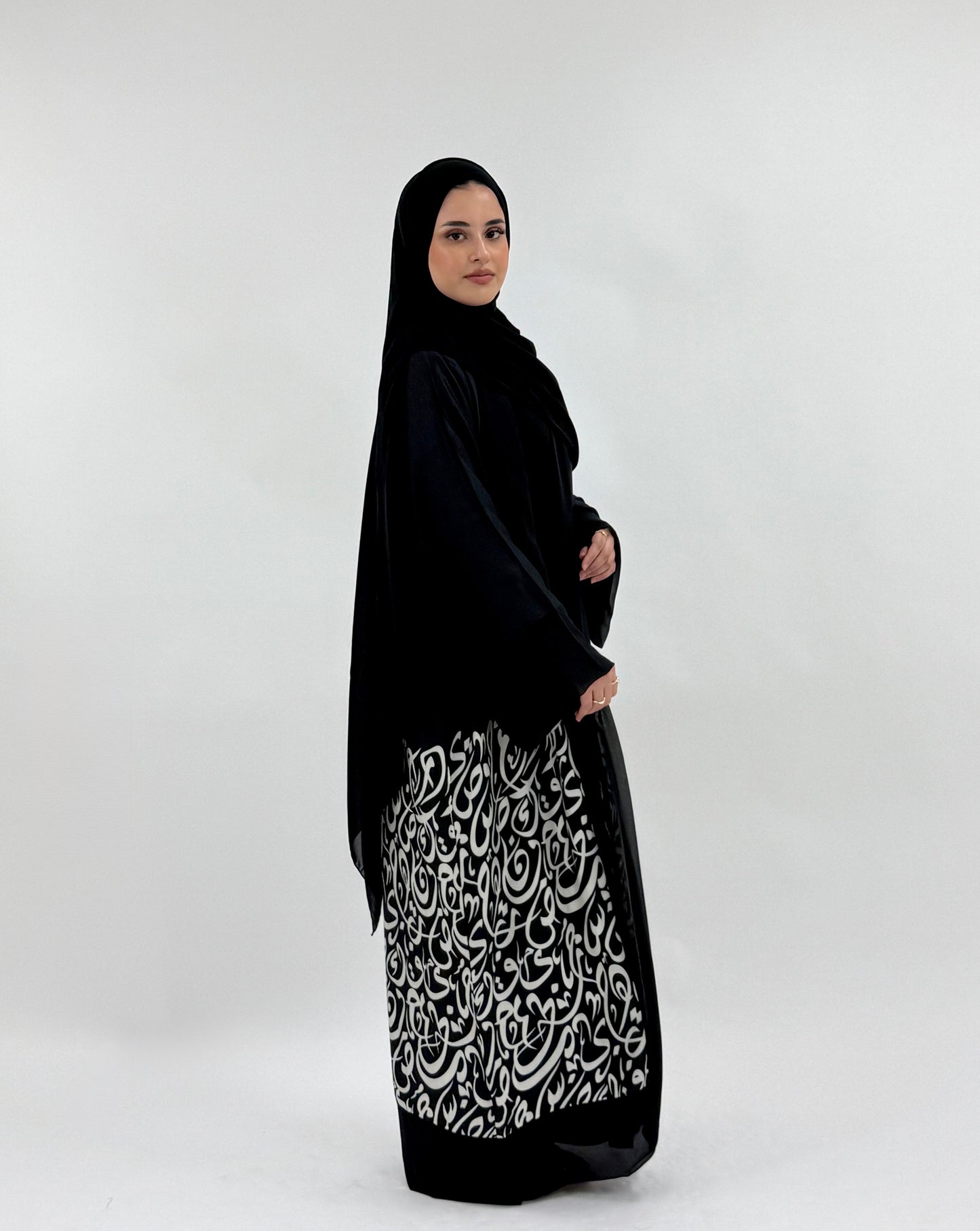 Munirah - Arabic Imprinted Silk Abaya - Cream & Black