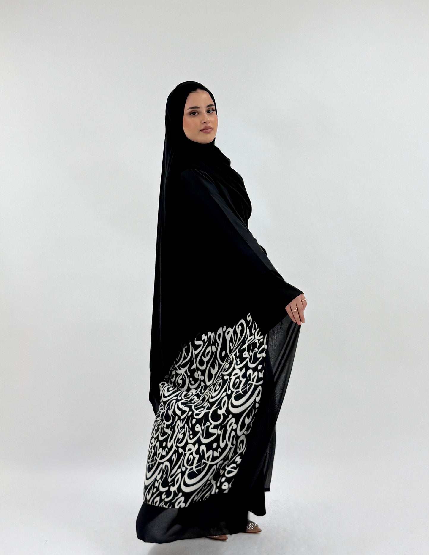 Munirah - Arabic Imprinted Silk Abaya - Cream & Black
