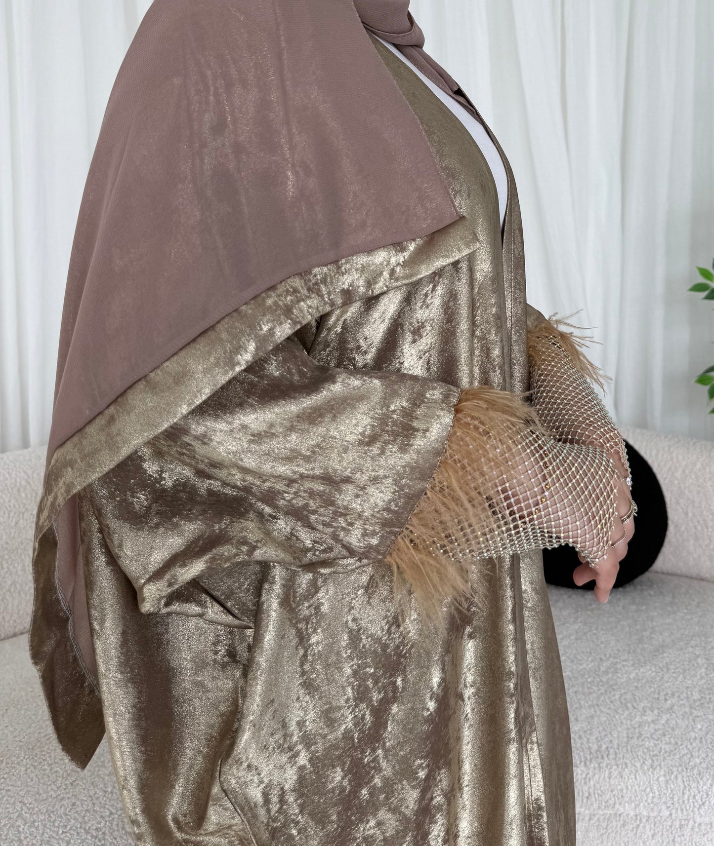 Marwah Satin Feathery Abaya | Metallic Silk Net Elegant Modest Wear with Matching Chiffon Hijab