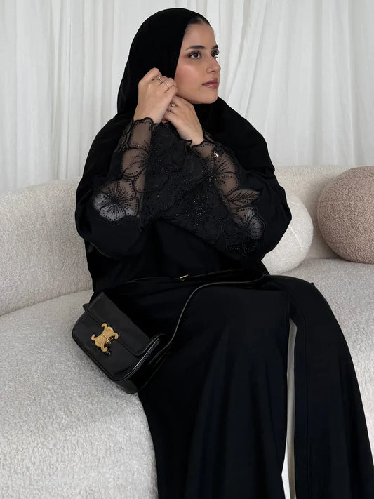 Noura Organza Flower Sleeve Abaya – Timeless Elegance for the Modern Modest Woman