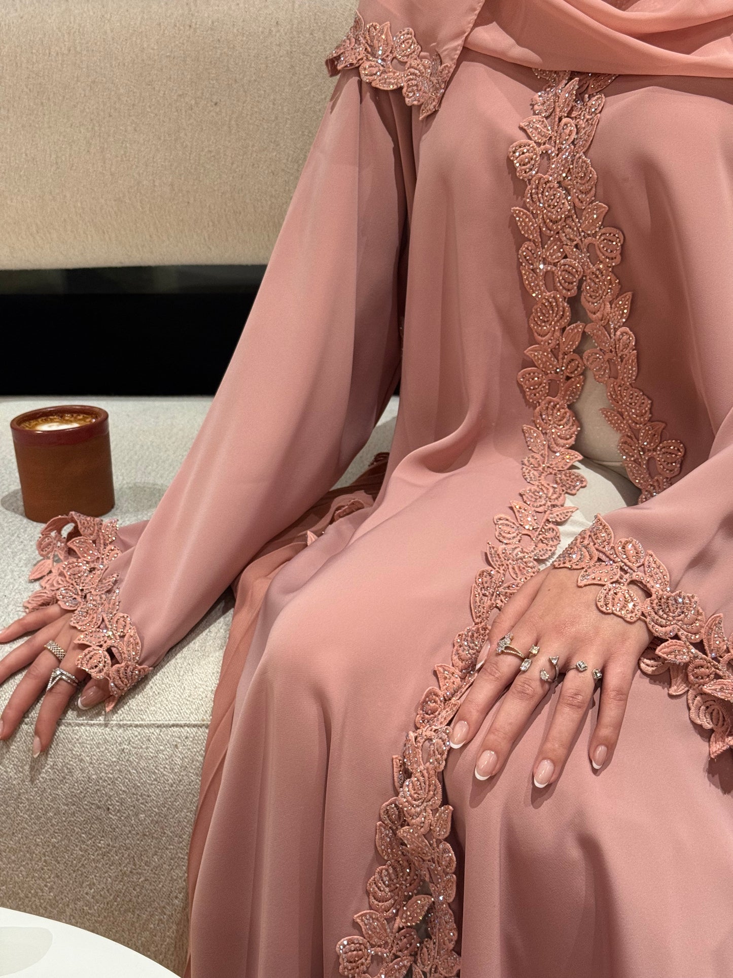 Layla abaya | Luxe stone embellished lace & pleated abaya