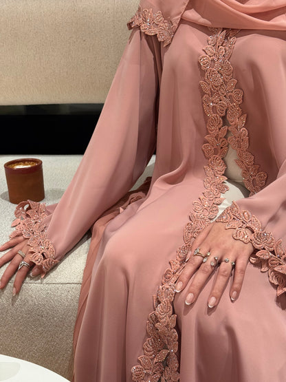 Layla abaya | Luxe stone embellished lace & pleated abaya