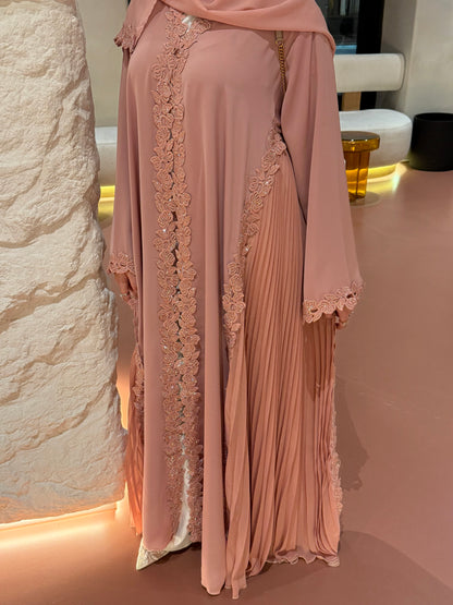 Layla abaya | Luxe stone embellished lace & pleated abaya