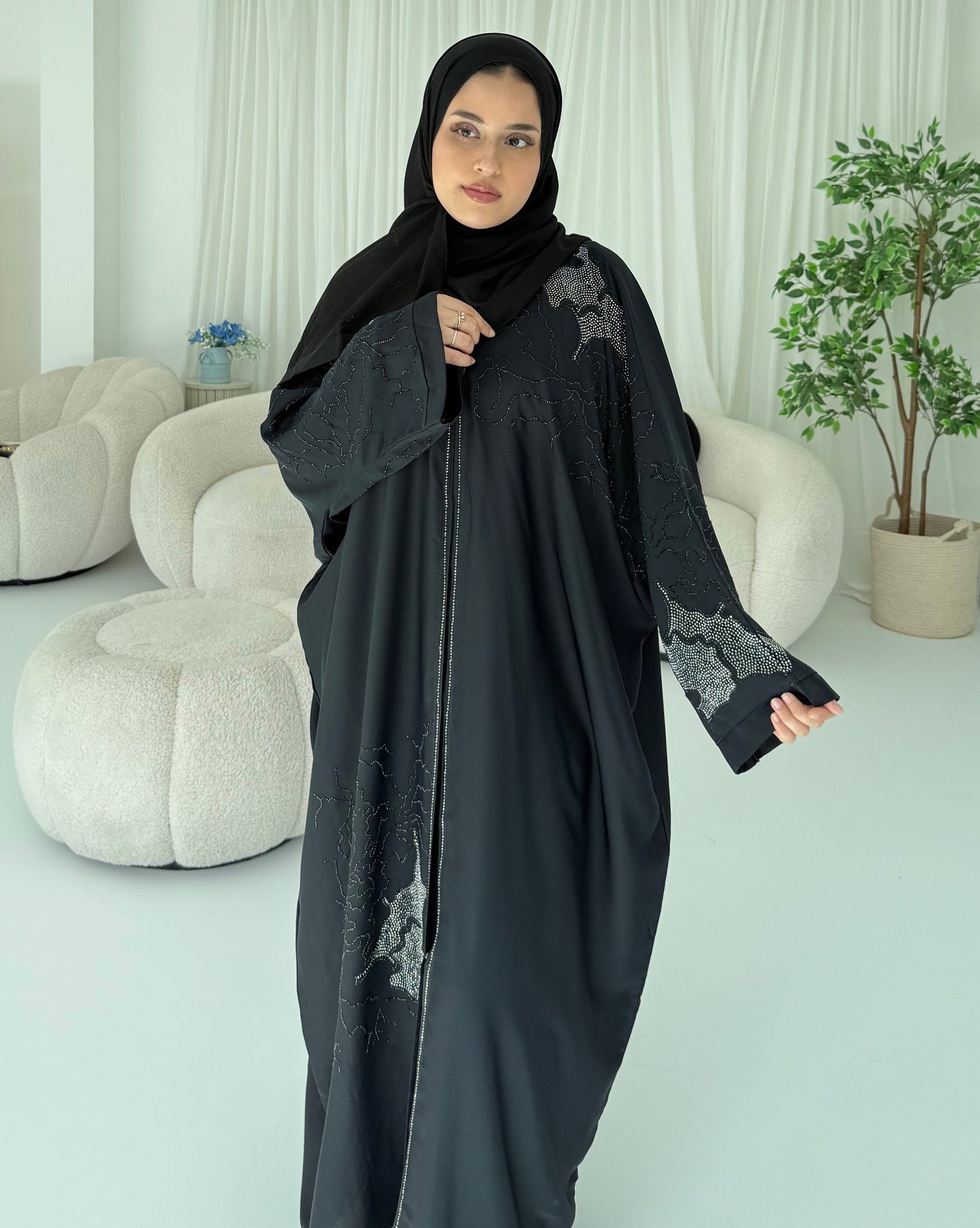 Muna Black Stone Embellished Abaya | Timeless Elegant Modest Wear with Matching Chiffon Hijab