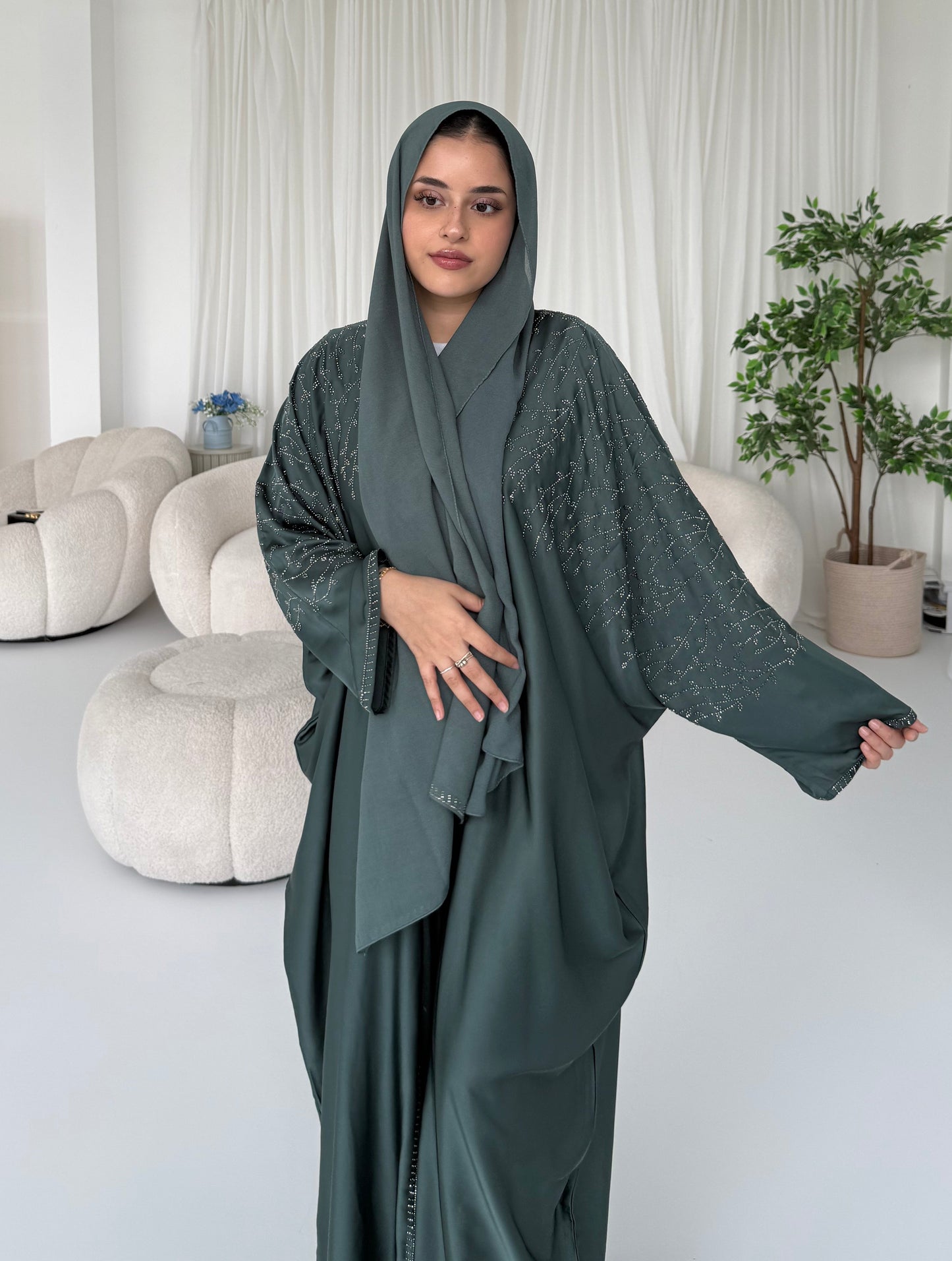 Dalia Teal Stone Embellished Abaya | Elegant Modest Wear with Matching Chiffon Hijab