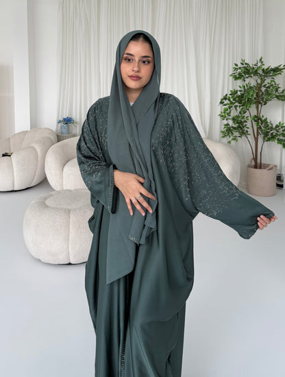 Dalia Teal Stone Embellished Abaya | Elegant Modest Wear with Matching Chiffon Hijab