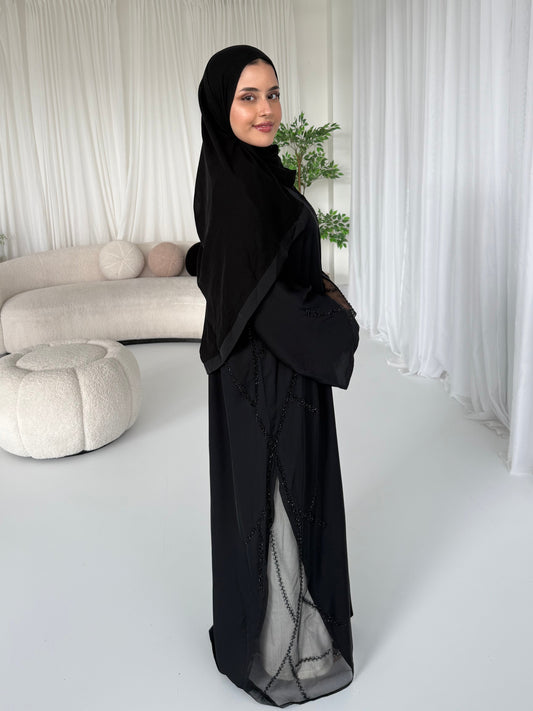 Arwa Chiffon Embellished Arm Abaya with Black Stone Work | Elegant Modest Wear with Matching Hijab
