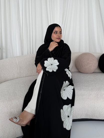 Ranya Flower Embellished Abaya | Elegant Contrast Modest Wear with Matching Chiffon Hijab