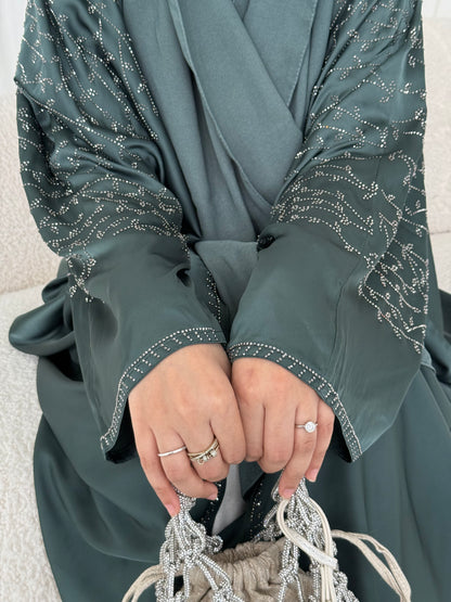 Dalia Teal Stone Embellished Abaya | Elegant Modest Wear with Matching Chiffon Hijab