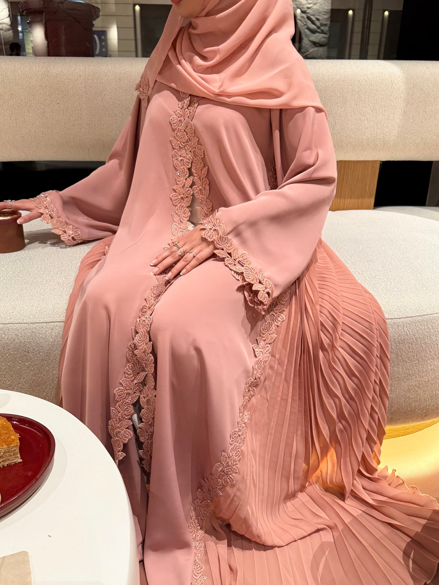 Layla abaya | Luxe stone embellished lace & pleated abaya