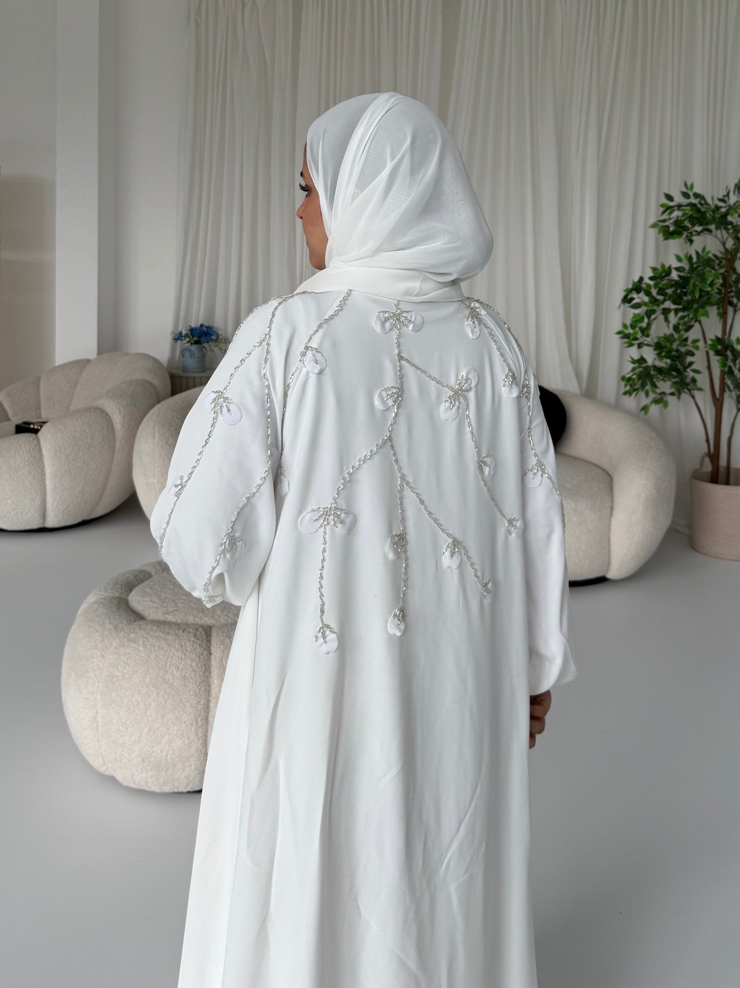 Lujain White Embellished Abaya with Stone & Velvet Detailing | Elegant Modest Wear with Matching Chiffon Hijab