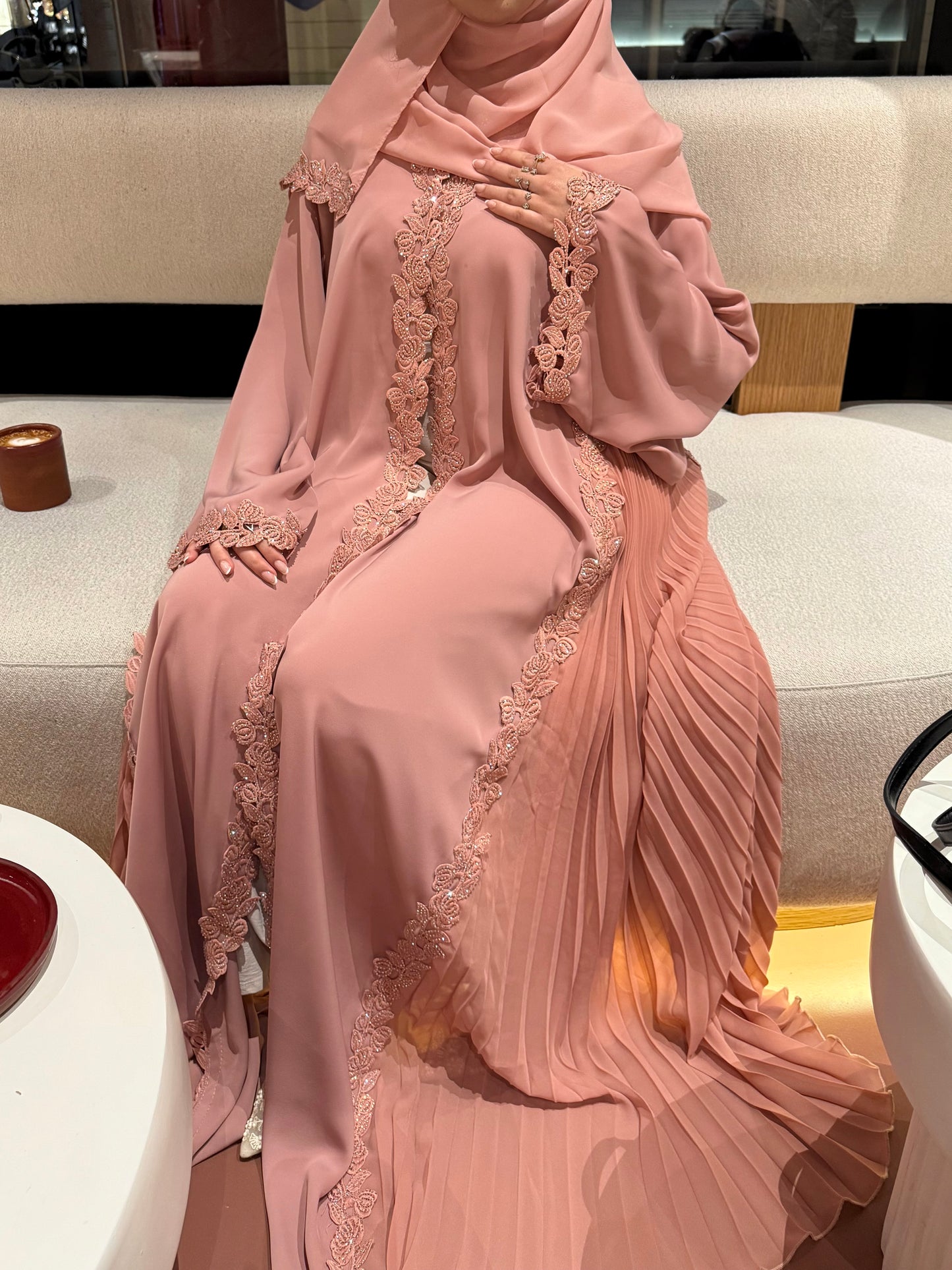 Layla abaya | Luxe stone embellished lace & pleated abaya