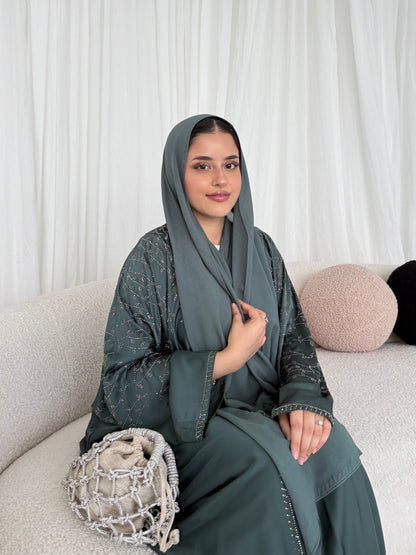 Dalia Teal Stone Embellished Abaya | Elegant Modest Wear with Matching Chiffon Hijab