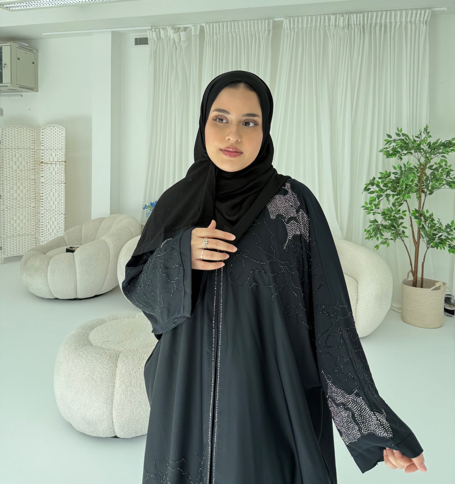 Muna Black Stone Embellished Abaya | Timeless Elegant Modest Wear with Matching Chiffon Hijab