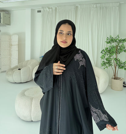 Muna Black Stone Embellished Abaya | Timeless Elegant Modest Wear with Matching Chiffon Hijab