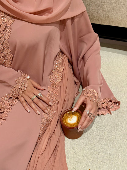 Layla abaya | Luxe stone embellished lace & pleated abaya